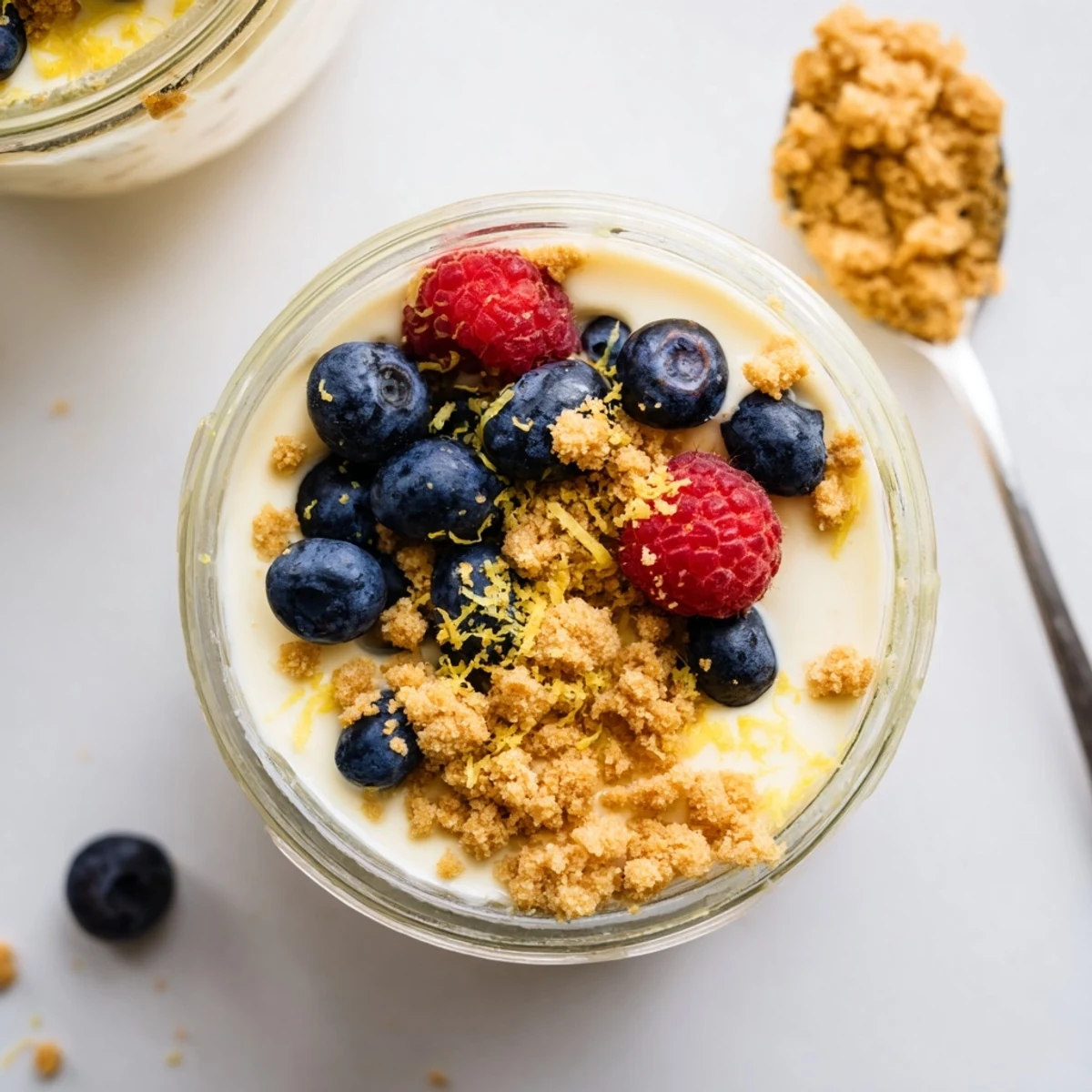 Glass jar layered with creamy zesty lemon cheesecake overnight oats topped with fresh berries