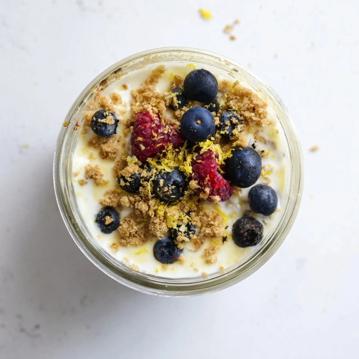 Creamy overnight oats with lemon cheesecake flavor in a jar garnished with graham cracker crumbs