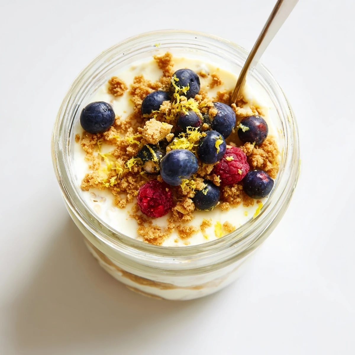 Spoonful of zesty lemon cheesecake overnight oats showing thick texture with bright lemon zest garnish