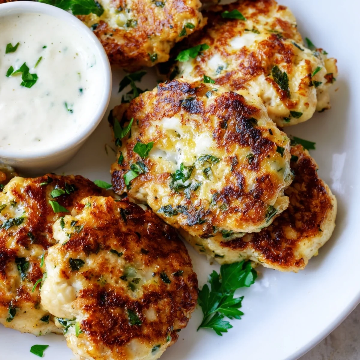 Close up of crispy chicken fritters with melted cheese oozing out served alongside homemade garlic aioli