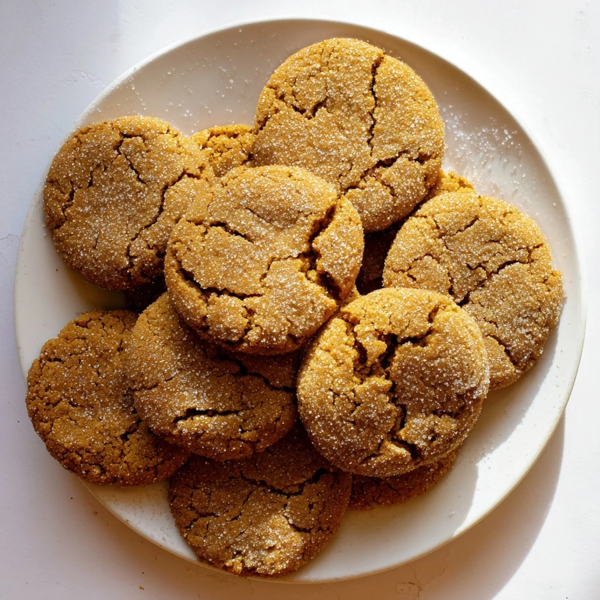 Golden brown gingersnap cookies with crackled tops cooling on a wire rack