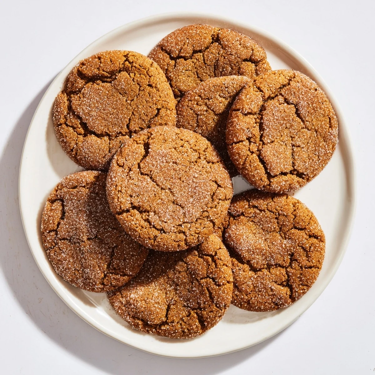 Plate of homemade gingersnap cookies dusted with sugar alongside a steaming mug