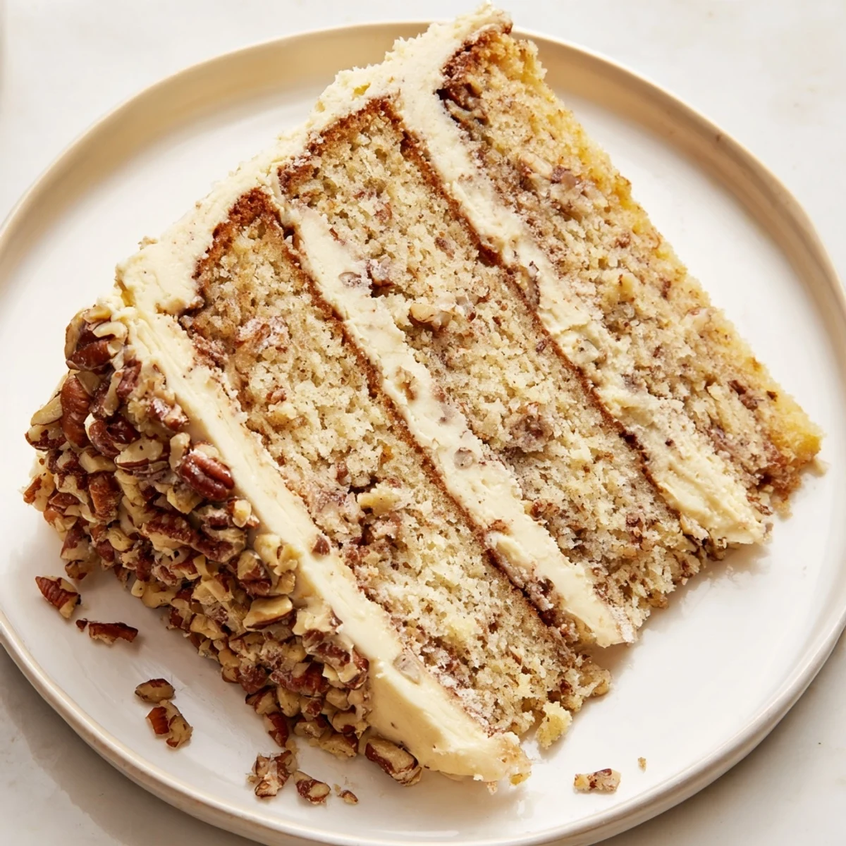 Golden butter pecan cake with chopped toasted pecans in moist buttery layers