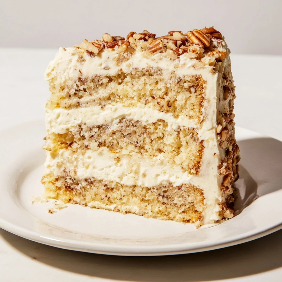 Slice of butter pecan cake revealing tender crumbs and nutty toasted pecans