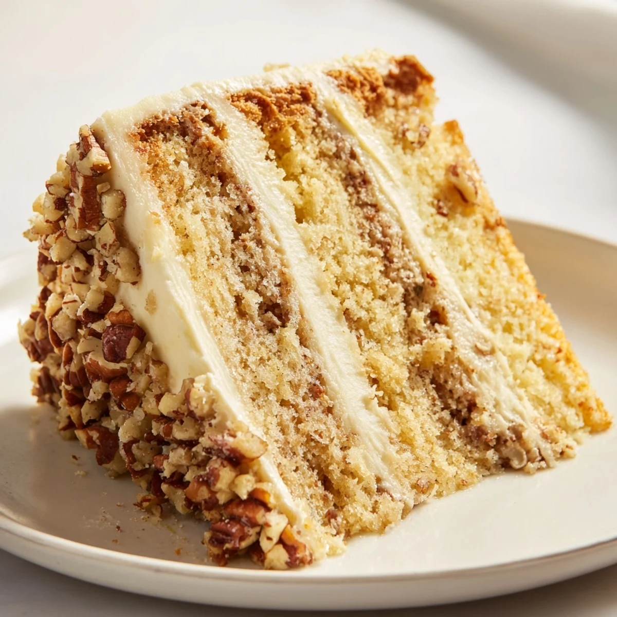 Three-layer butter pecan cake frosted with creamy vanilla buttercream and crunchy pecans