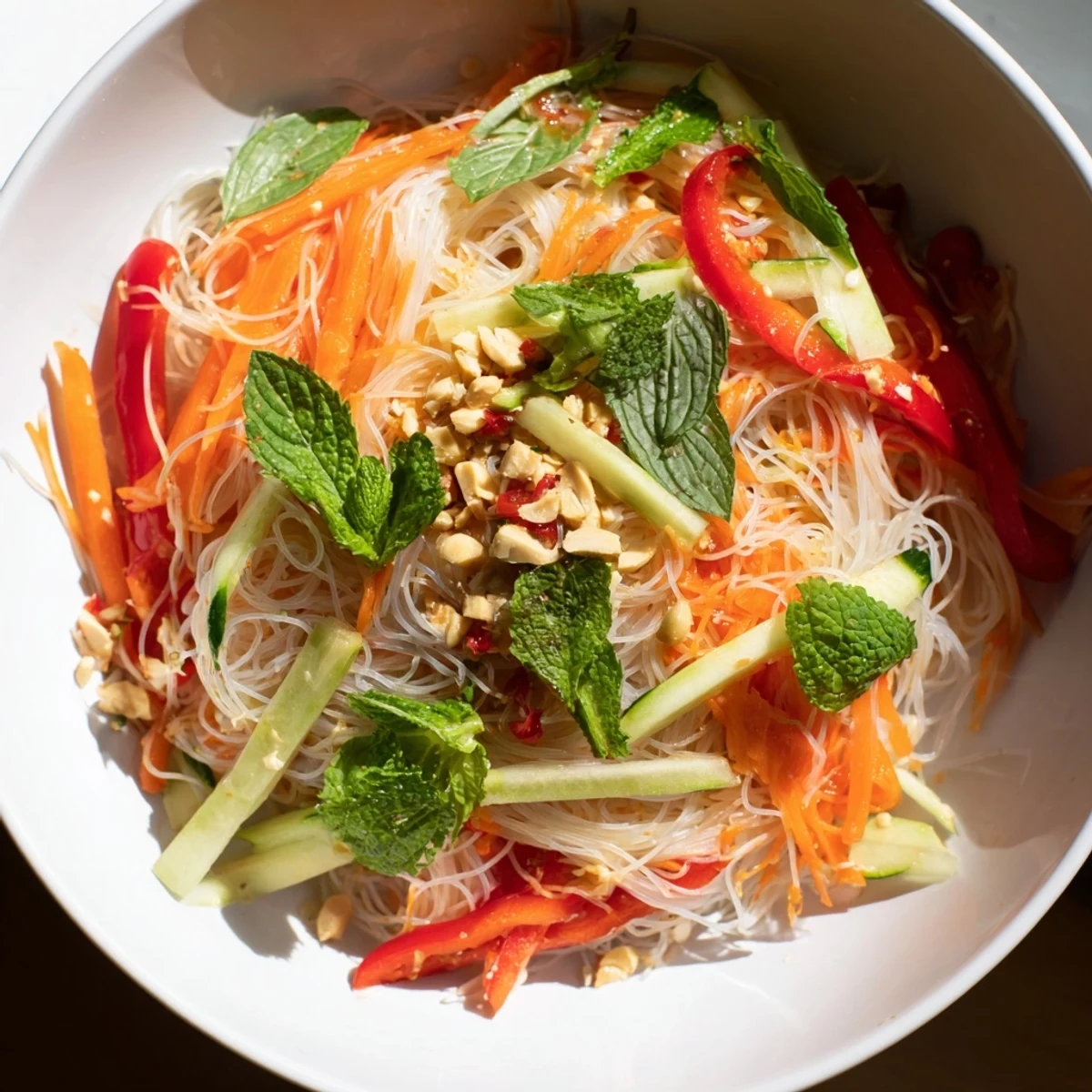 Colorful Vietnamese noodle salad bowl loaded with crisp vegetables, fresh herbs, and tangy lime dressing topping fluffy rice vermicelli