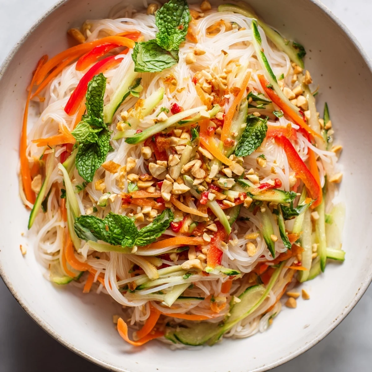 Vibrant Vietnamese noodle salad plated with crunchy bean sprouts, roasted peanuts, and aromatic cilantro in a tangy garlic-lime sauce