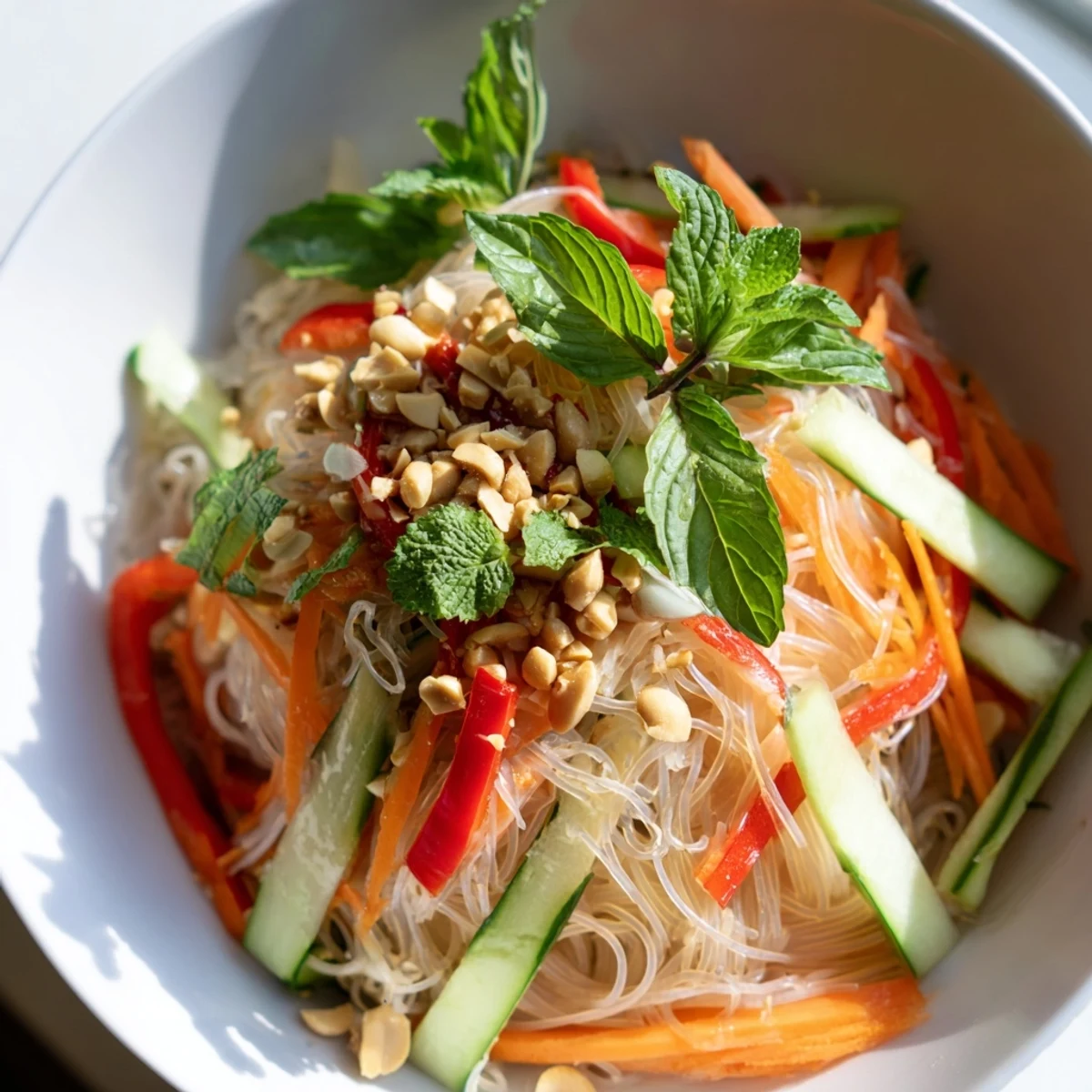 Close-up of refreshing Vietnamese noodle salad featuring julienned carrots, cucumber slices, and mint leaves drizzled with zesty dressing