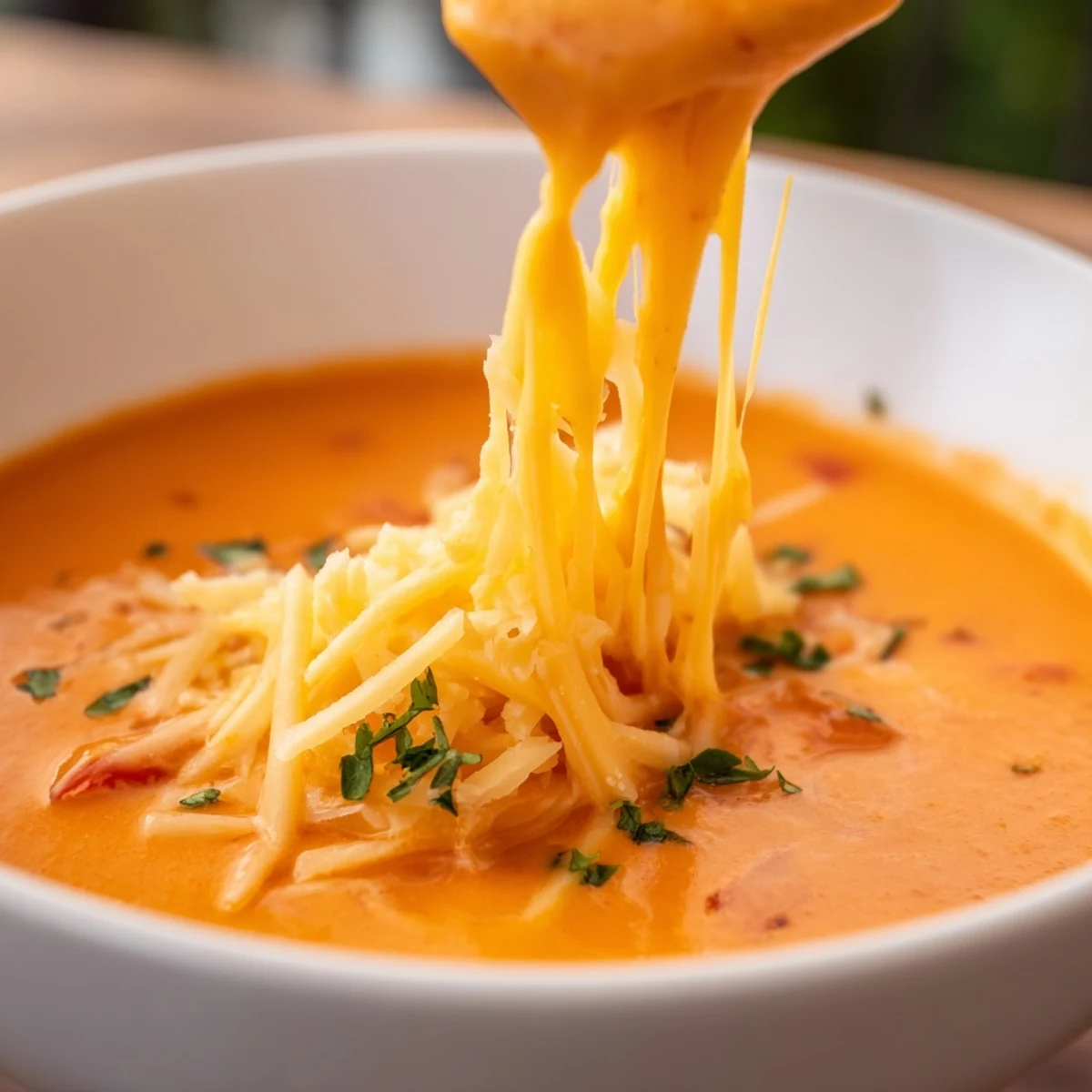 Creamy roasted red pepper Gouda soup garnished with fresh parsley and extra shredded cheese