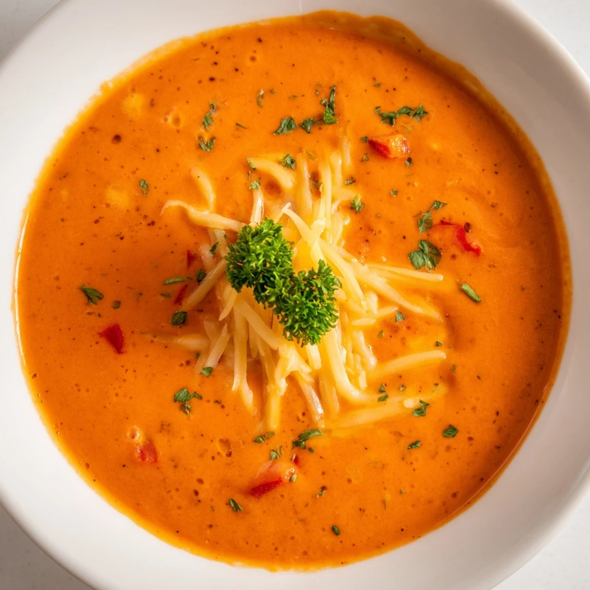 Steaming bowl of roasted red pepper soup topped with melted Gouda and green parsley