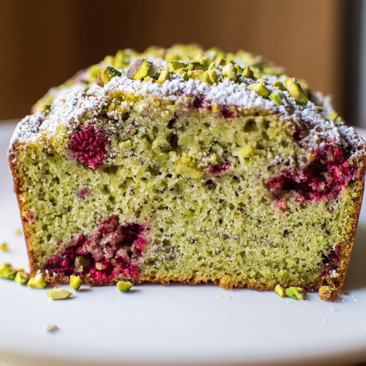 Moist pistachio raspberry cake slice garnished with powdered sugar and chopped nuts