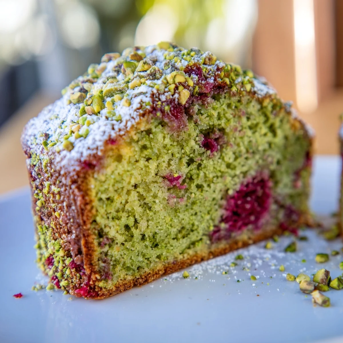 Green pistachio cake studded with bright red raspberries on a white serving plate