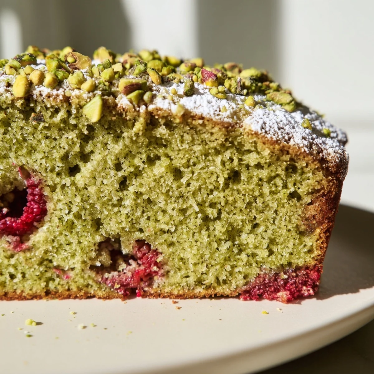 Homemade pistachio raspberry cake dusted with powdered sugar and fresh pistachio pieces