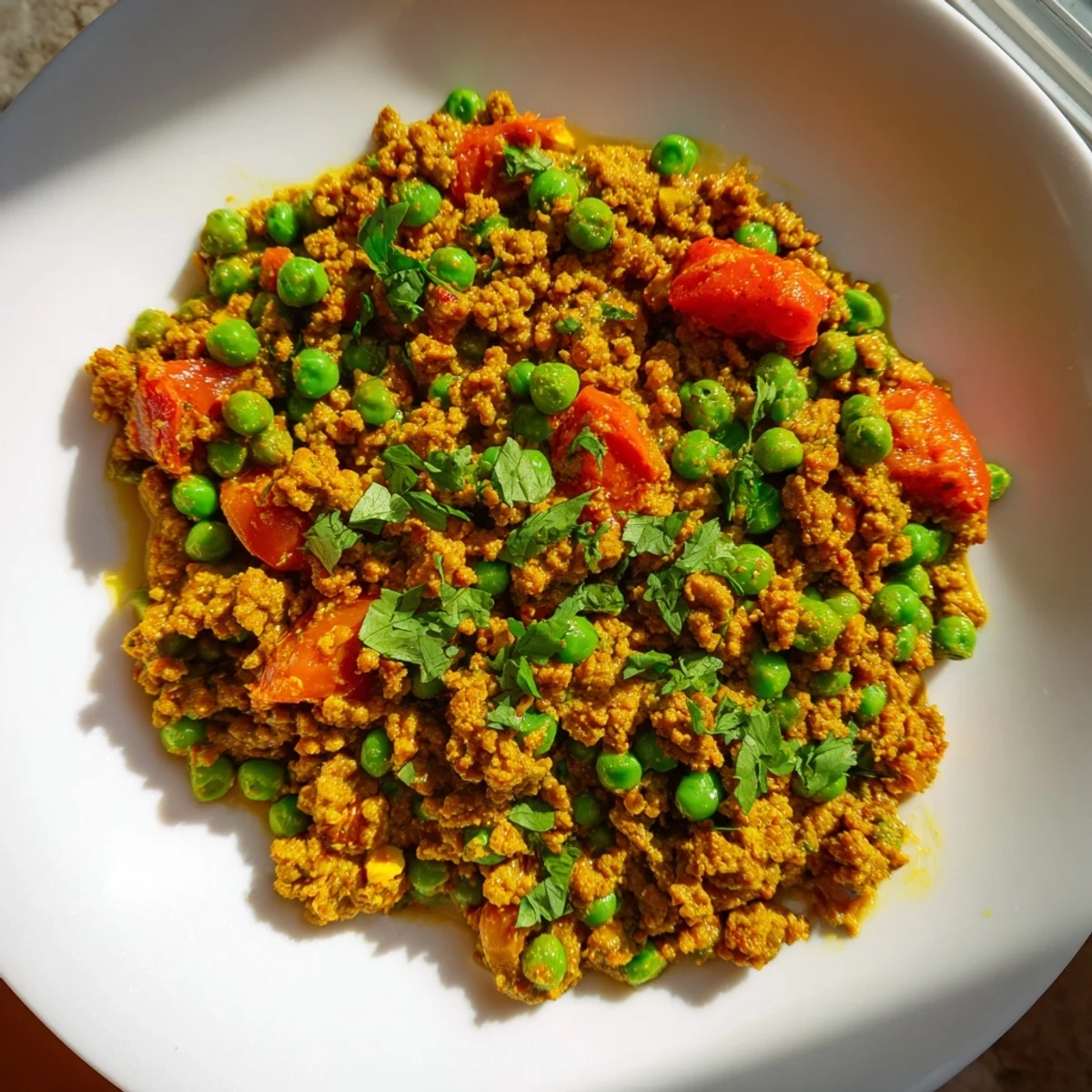 Savory Keema Curry with ground meat, tender peas, and aromatic spices served in a bowl