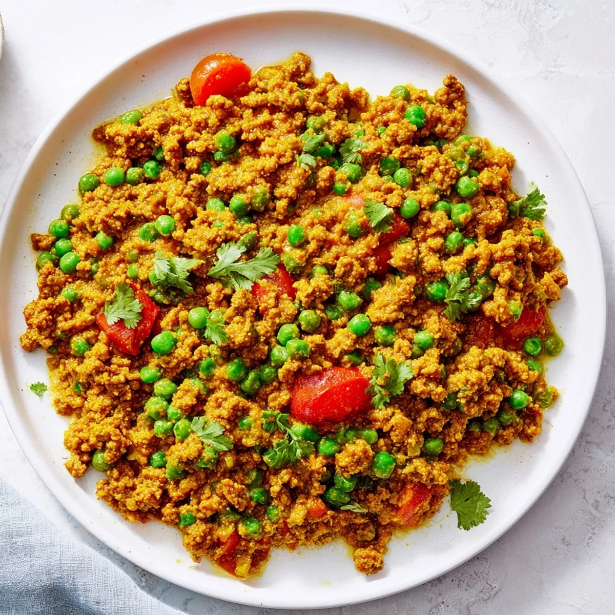 Golden Savory Keema Curry garnished with fresh cilantro and served alongside fluffy basmati rice