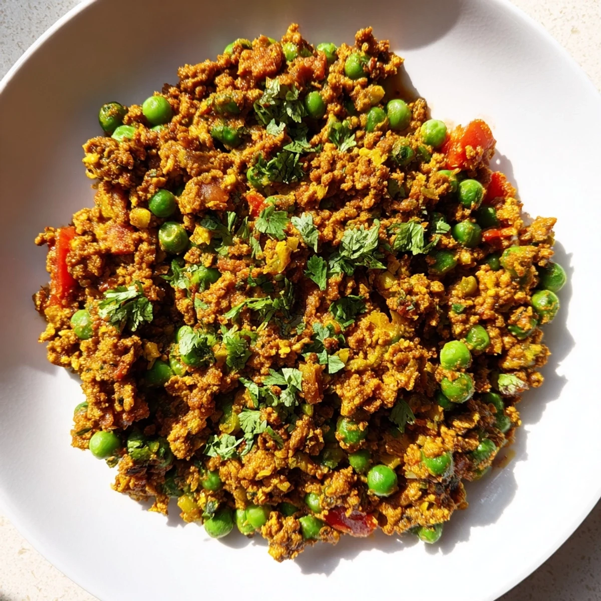 Rich Indian Savory Keema Curry featuring spiced ground lamb with plump green peas