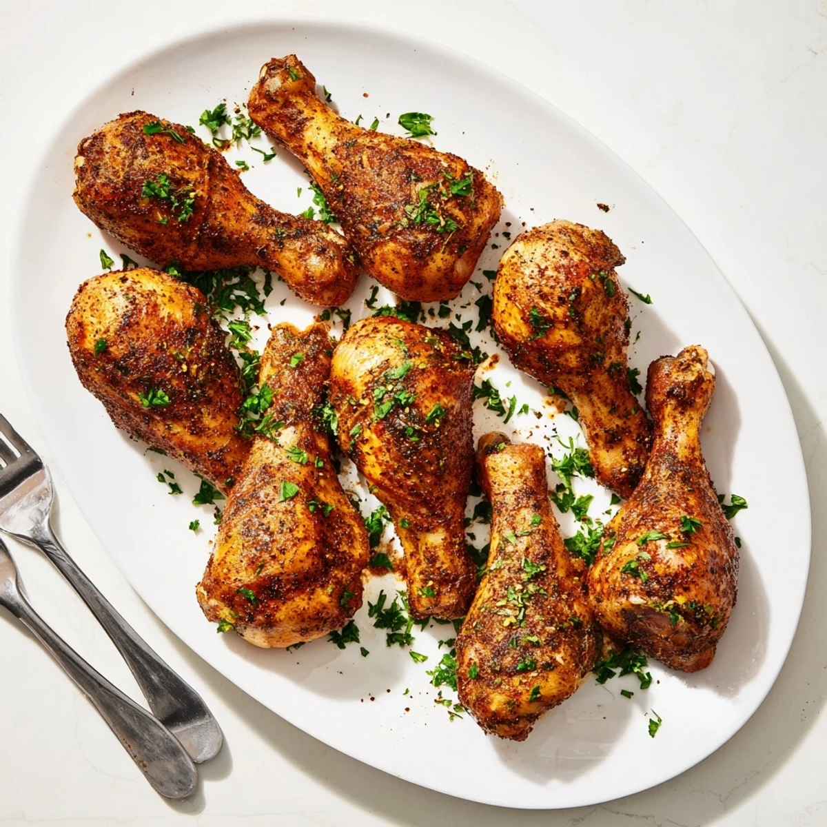 Family-style Crockpot chicken legs garnished with fresh parsley beside a bed of seasoned onions