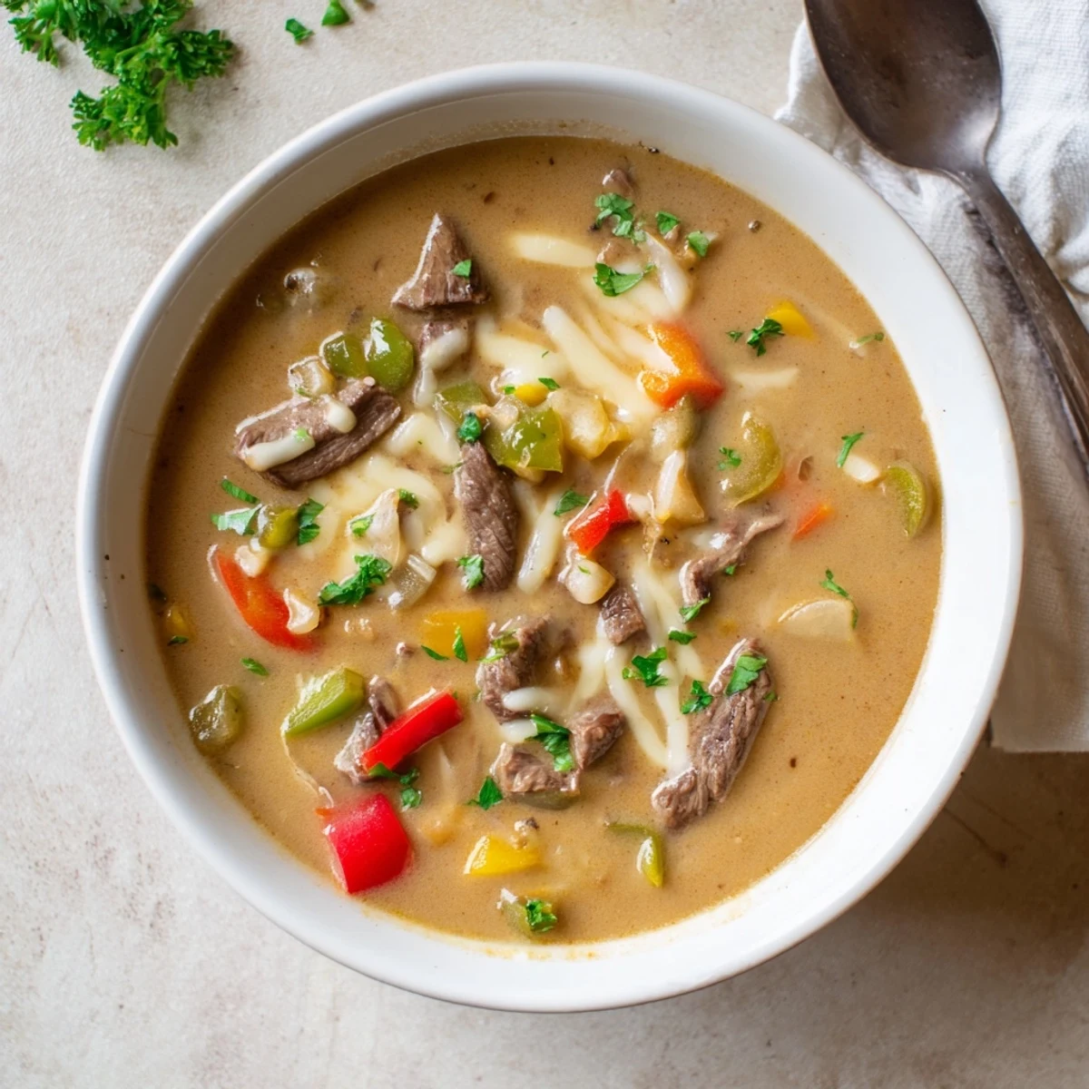 Hearty Philly cheesesteak soup bowl featuring thinly sliced steak, colorful bell peppers, and gooey mozzarella cheese bubbling on top.