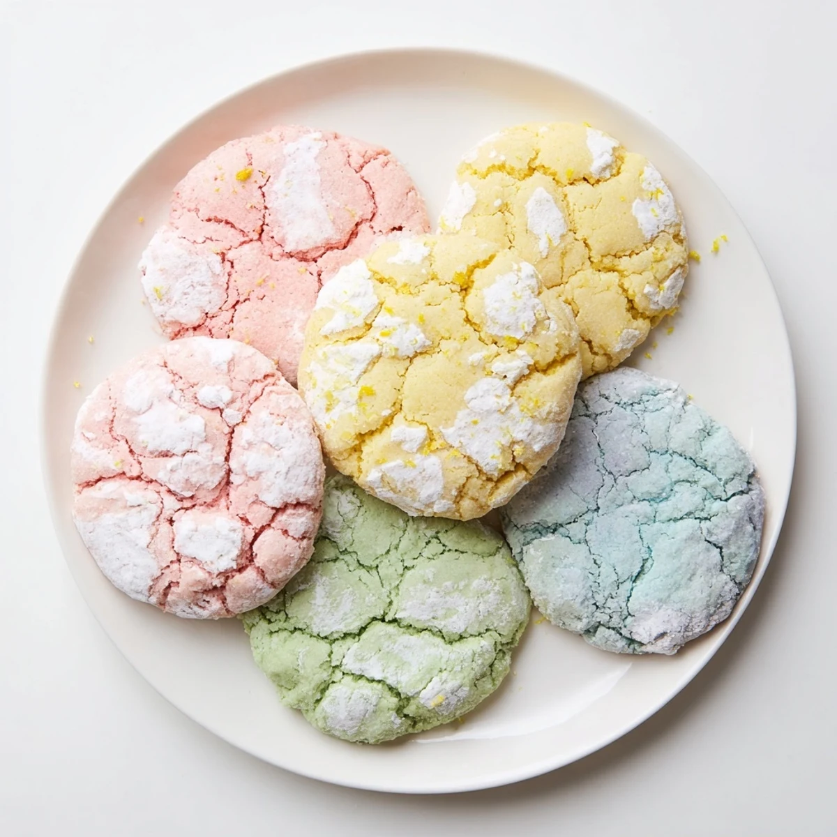 Soft pastel Springtime Crinkle cookies with cracked tops and powdered sugar coating on a white baking sheet.