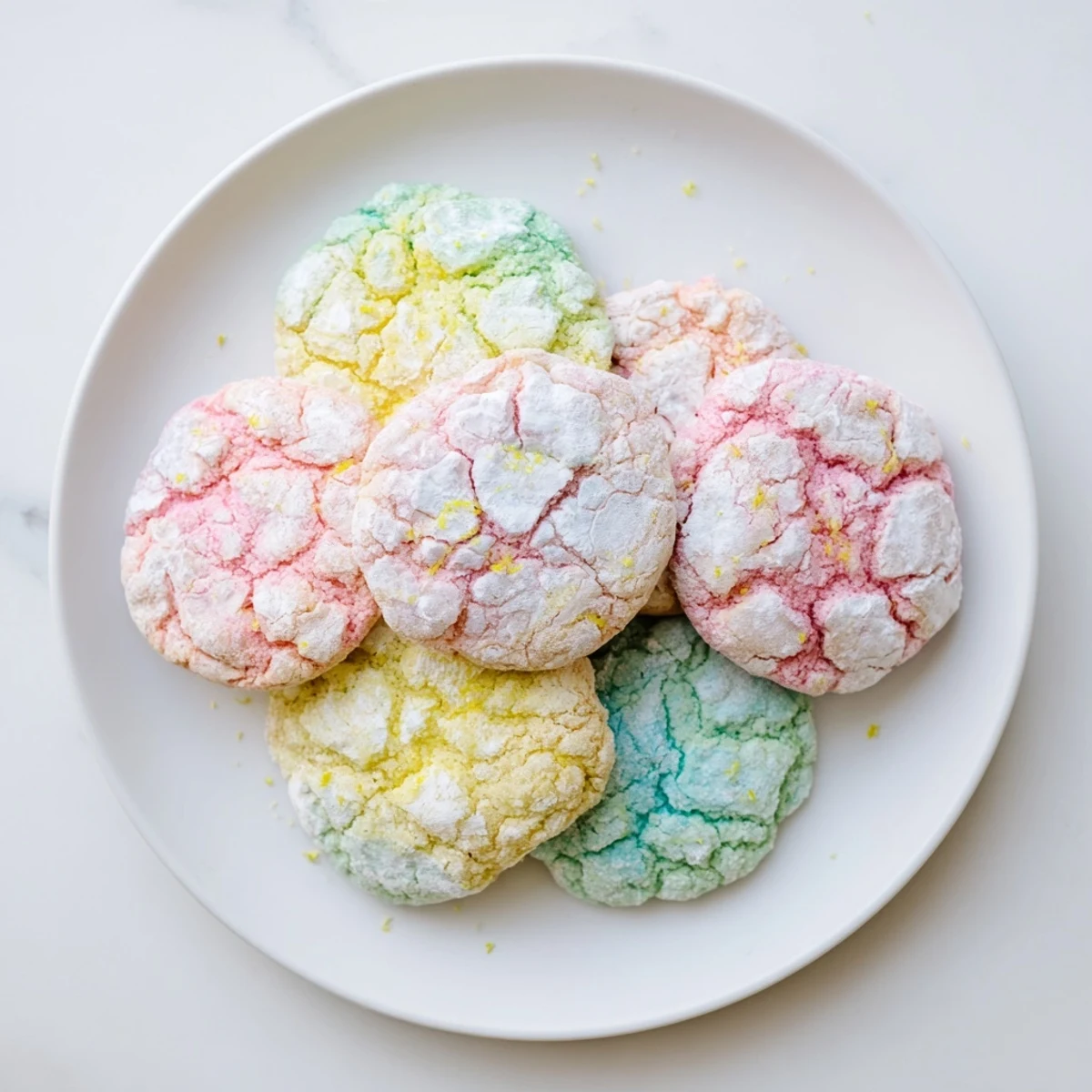 Colorful pink yellow and blue Springtime Crinkle cookies displayed on a wire cooling rack with delicate crinkled texture.