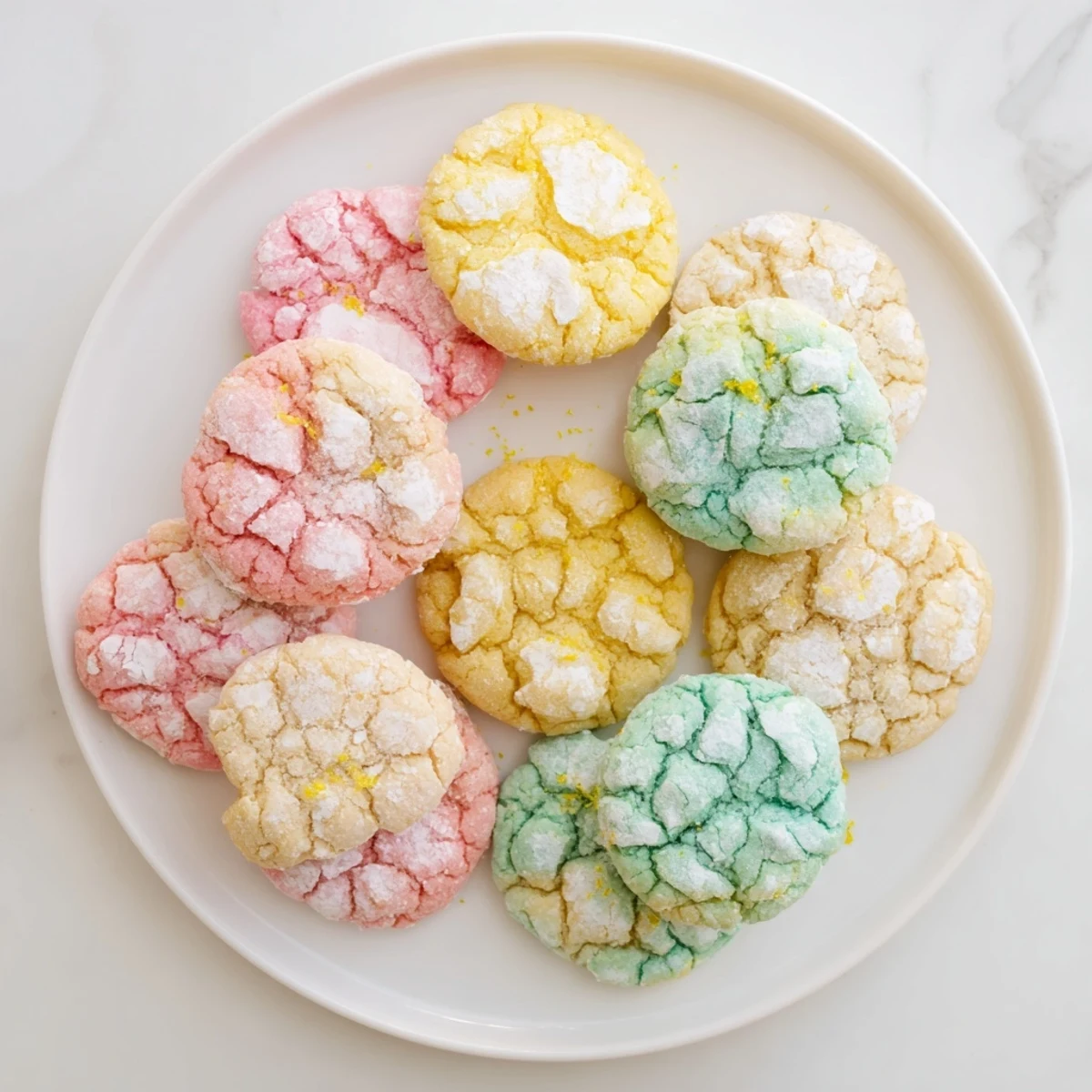 Homemade Springtime Crinkle cookies in pastel hues rolled in white powdered sugar with beautiful cracked surfaces.