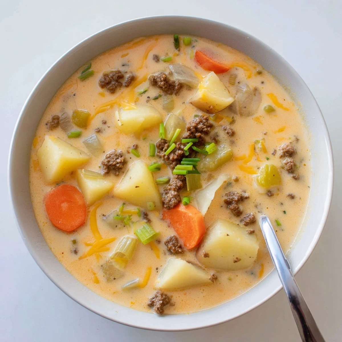 Creamy crockpot potato hamburger soup garnished with melted cheddar and fresh chives