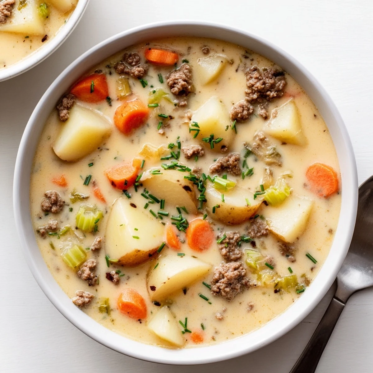 Hearty slow cooker hamburger soup loaded with tender potatoes and ground beef in rich broth
