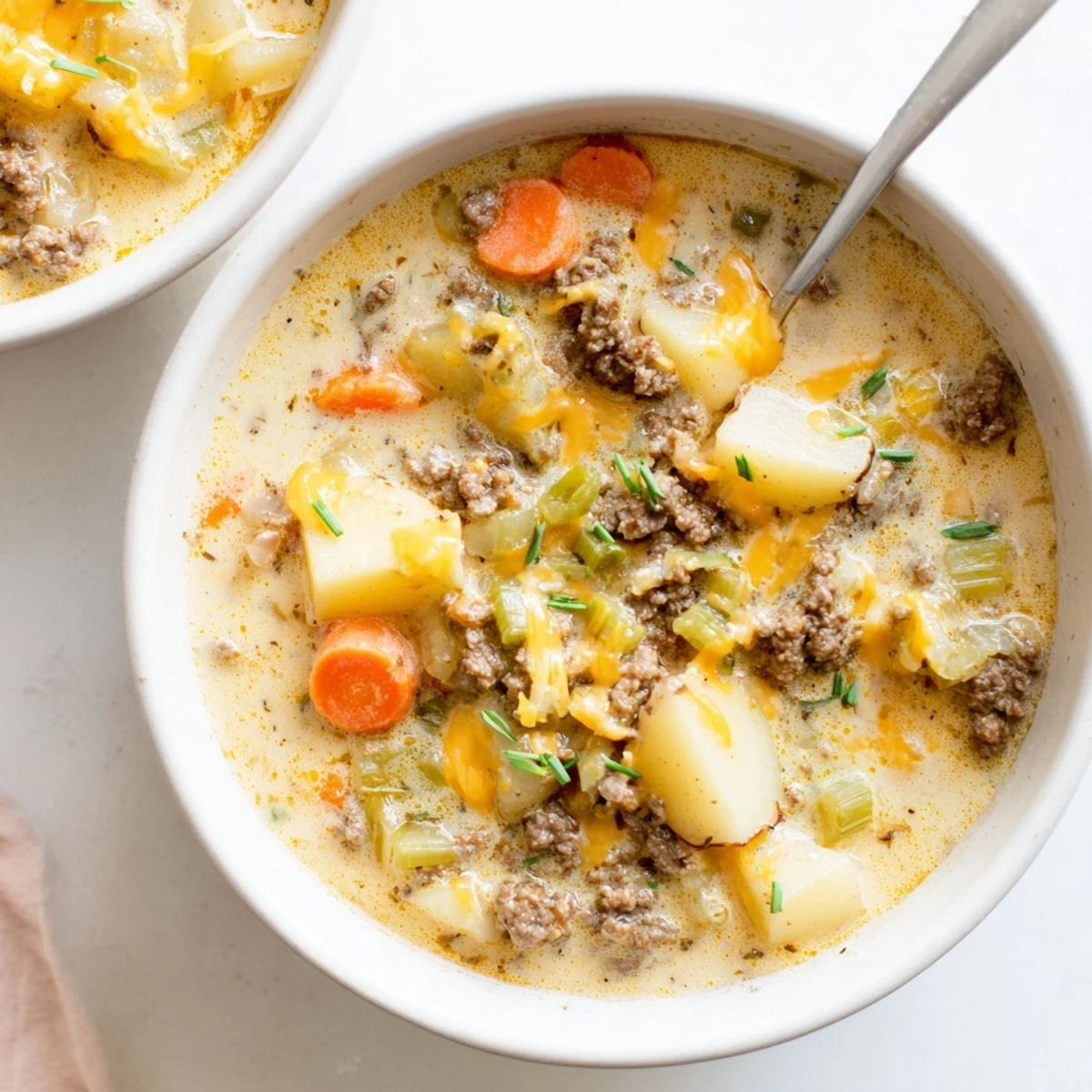 Steaming bowl of Crockpot creamy potato hamburger soup topped with crispy bacon and extra cheese