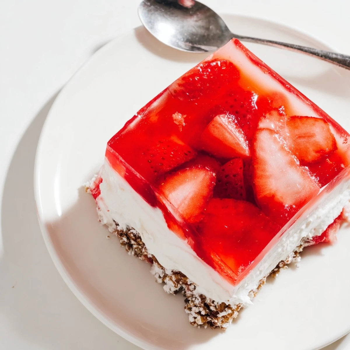 Vibrant strawberry crackle salad featuring glossy gelatin layers on a buttery crushed pretzel base