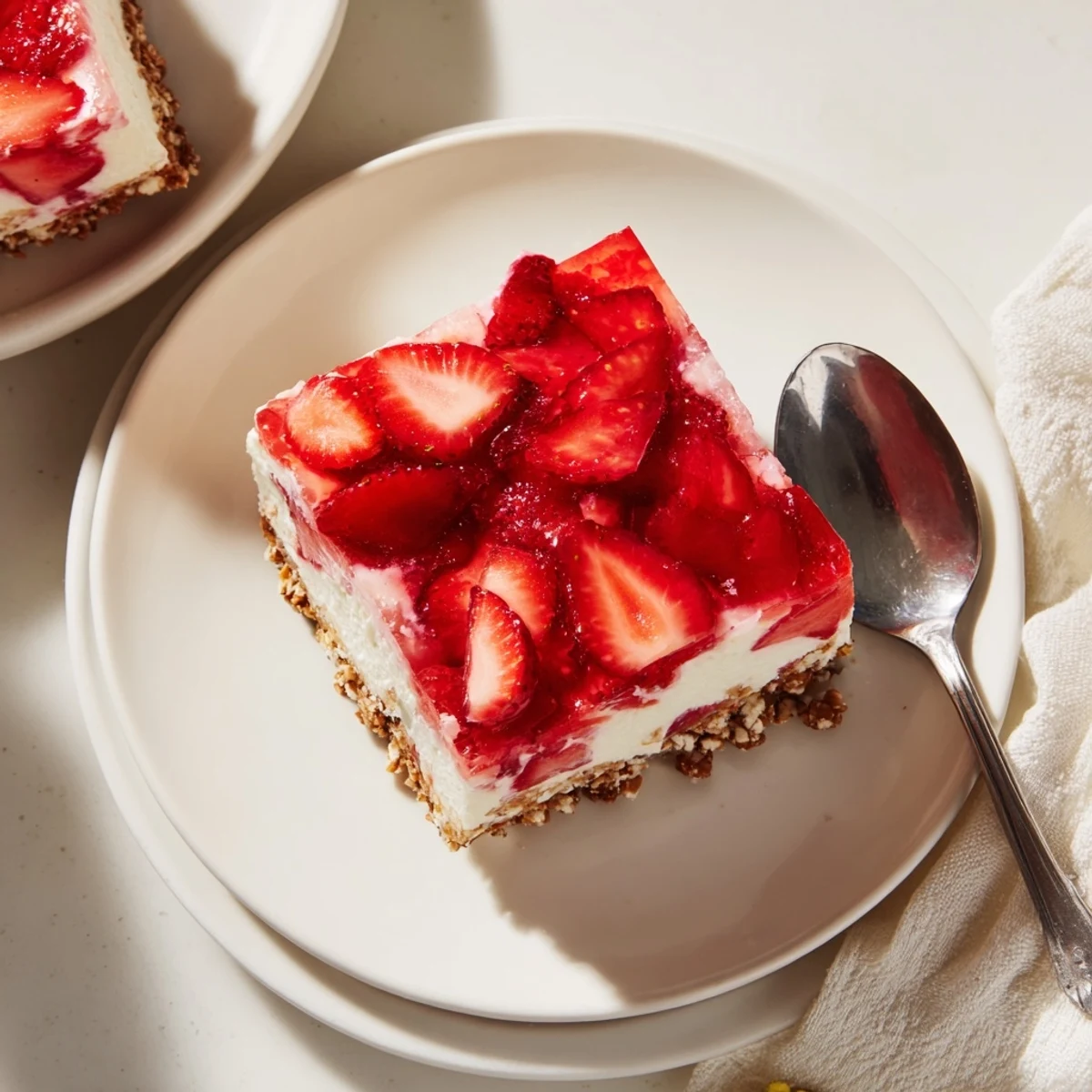 Fresh strawberry crackle salad with creamy layers and salty pretzel crust in a glass dish