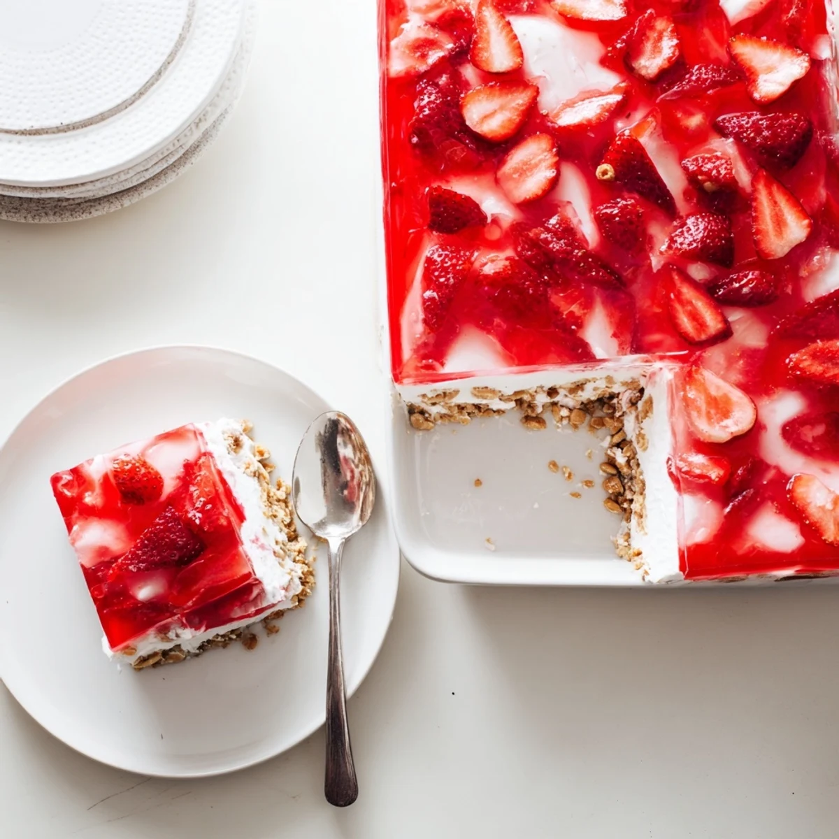 Slice of strawberry crackle salad showing red gelatin white cream filling and golden pretzel crust