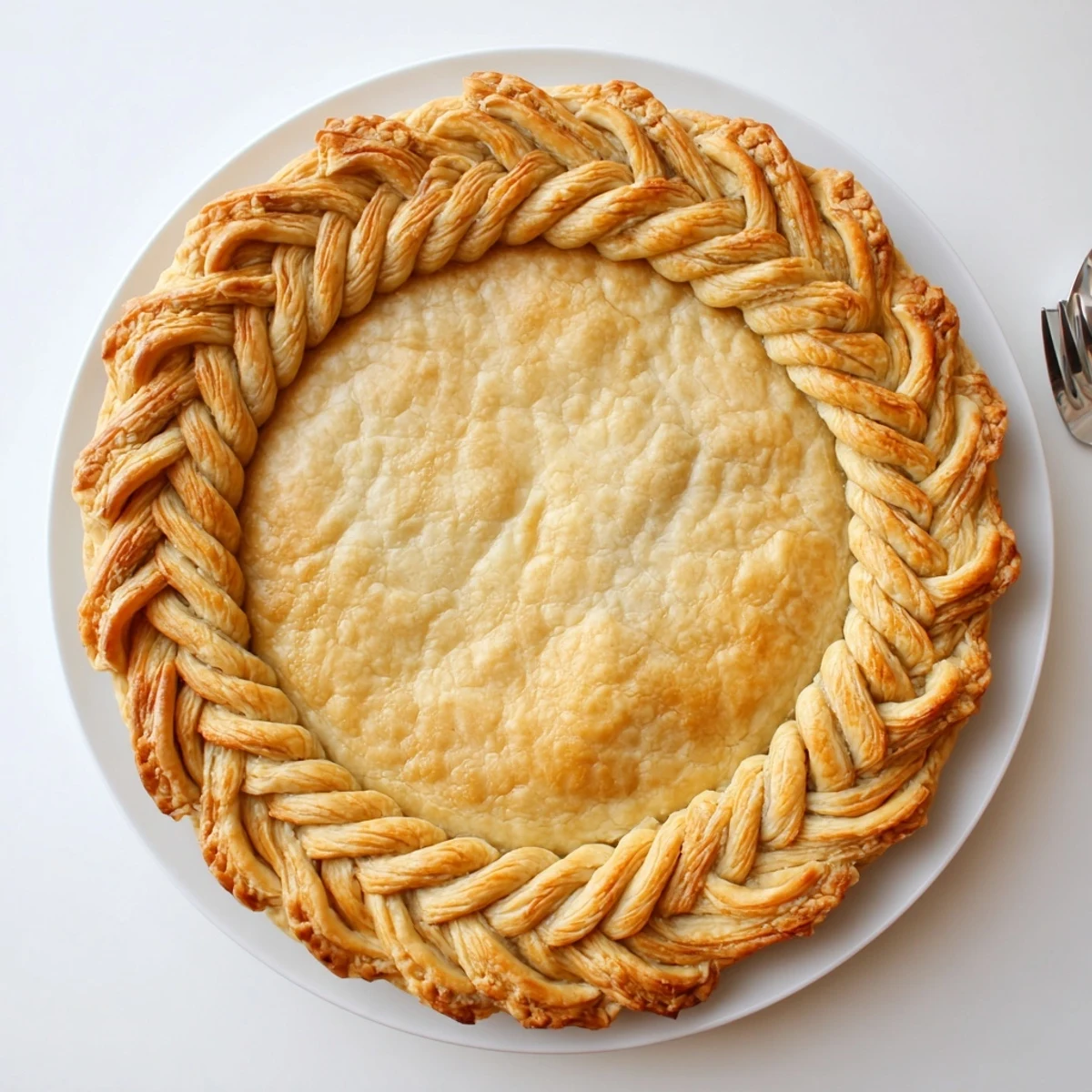 Golden brown fishtail braid pie crust woven into intricate decorative pattern on a 9-inch pie plate