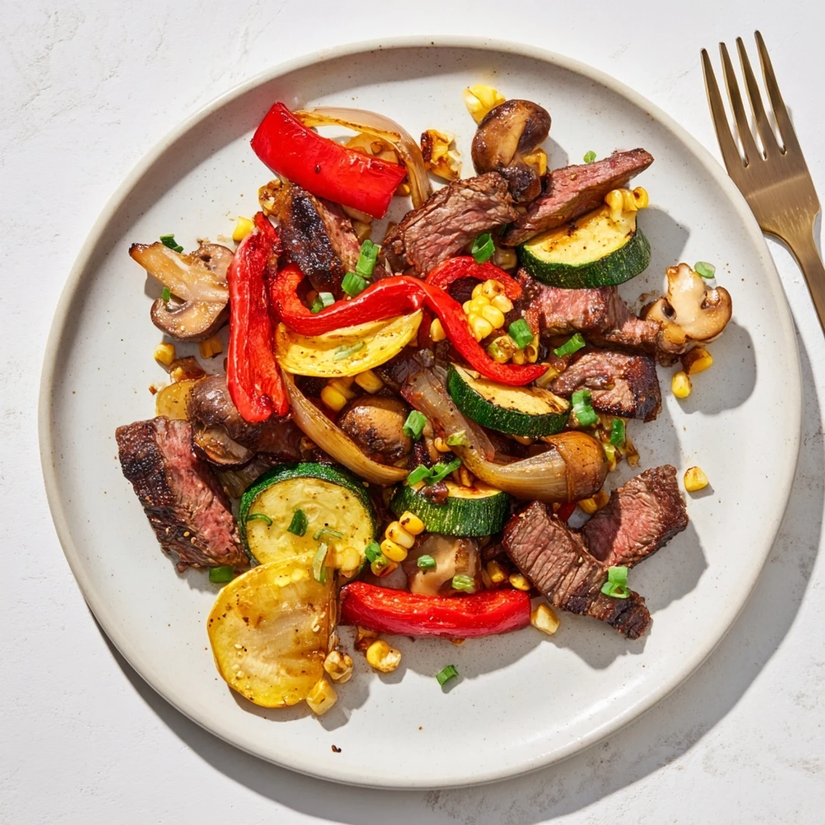 Sizzling Blackstone Cowboy Stir Fry featuring charred steak strips, colorful bell peppers, onions, and zucchini on a hot griddle with a smoky glaze