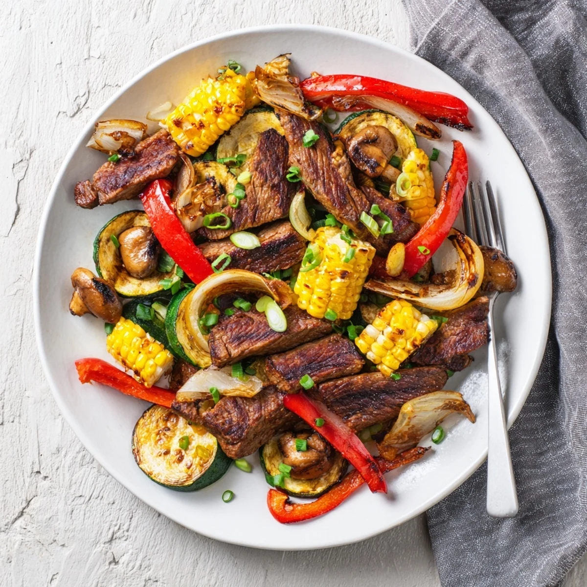 Hearty Blackstone Cowboy Stir Fry packed with tender beef, crisp vegetables, corn kernels, and green onions finished with melted butter