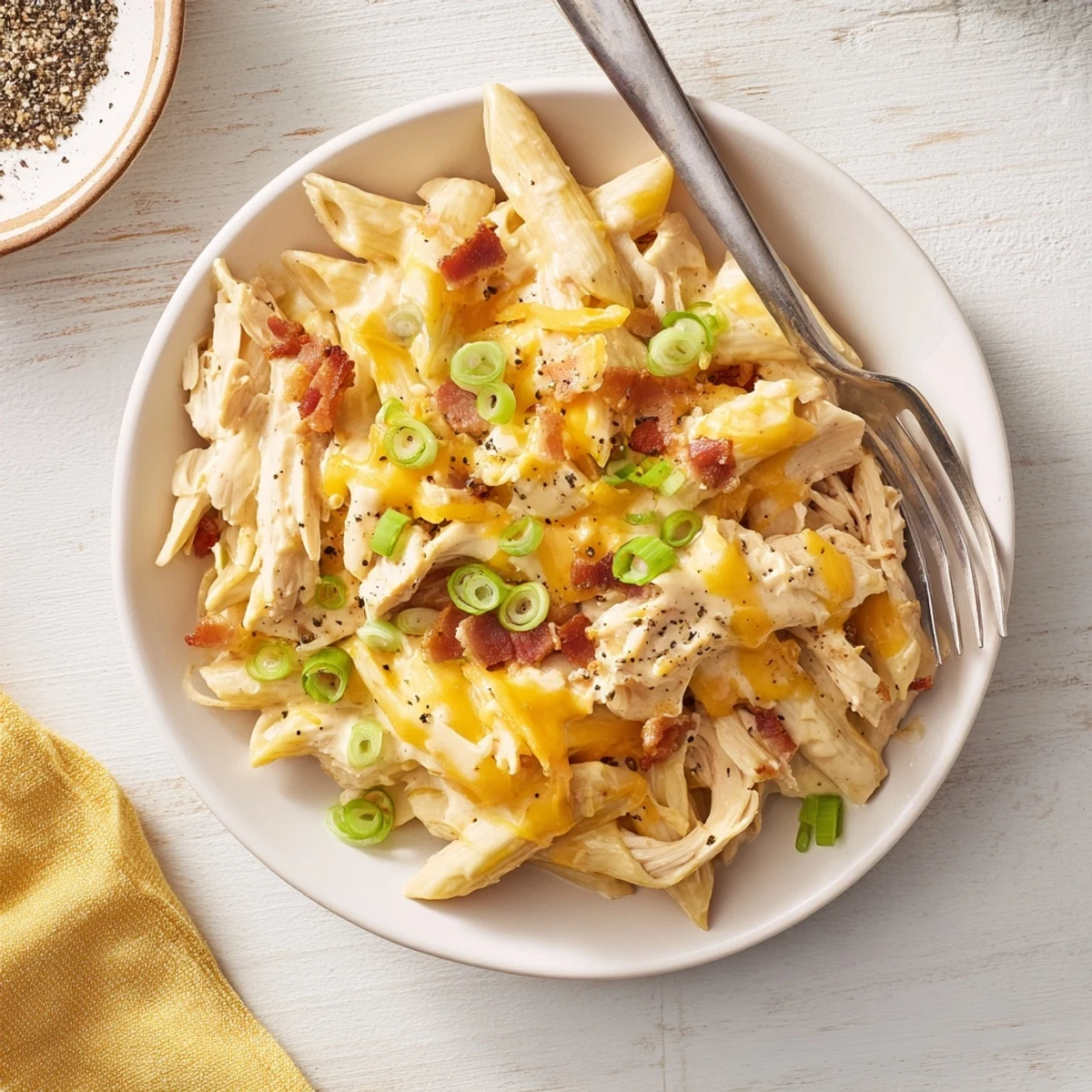Creamy crack chicken pasta loaded with melted cheese, crispy bacon, and tender shredded chicken in a rich ranch sauce bowl