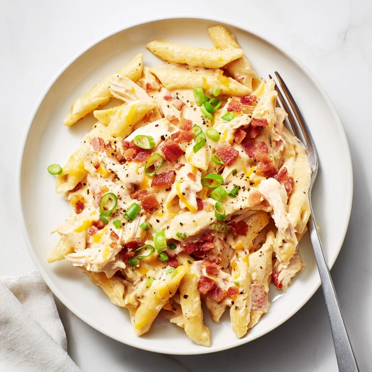 Steaming plate of comforting crack chicken pasta featuring penne coated in cheesy cream sauce with green onion and bacon garnish