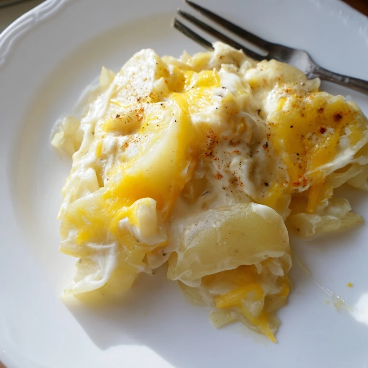 Golden layers of cheesy Crockpot Scalloped Potatoes bubbling with melted cheddar and fresh parsley garnish