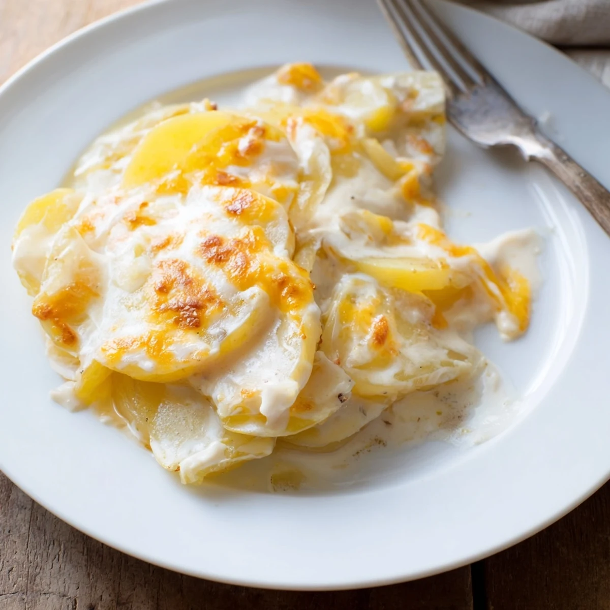 Heaping spoonful of Crockpot Scalloped Potatoes showcasing the velvety texture and golden cheesy crust on top