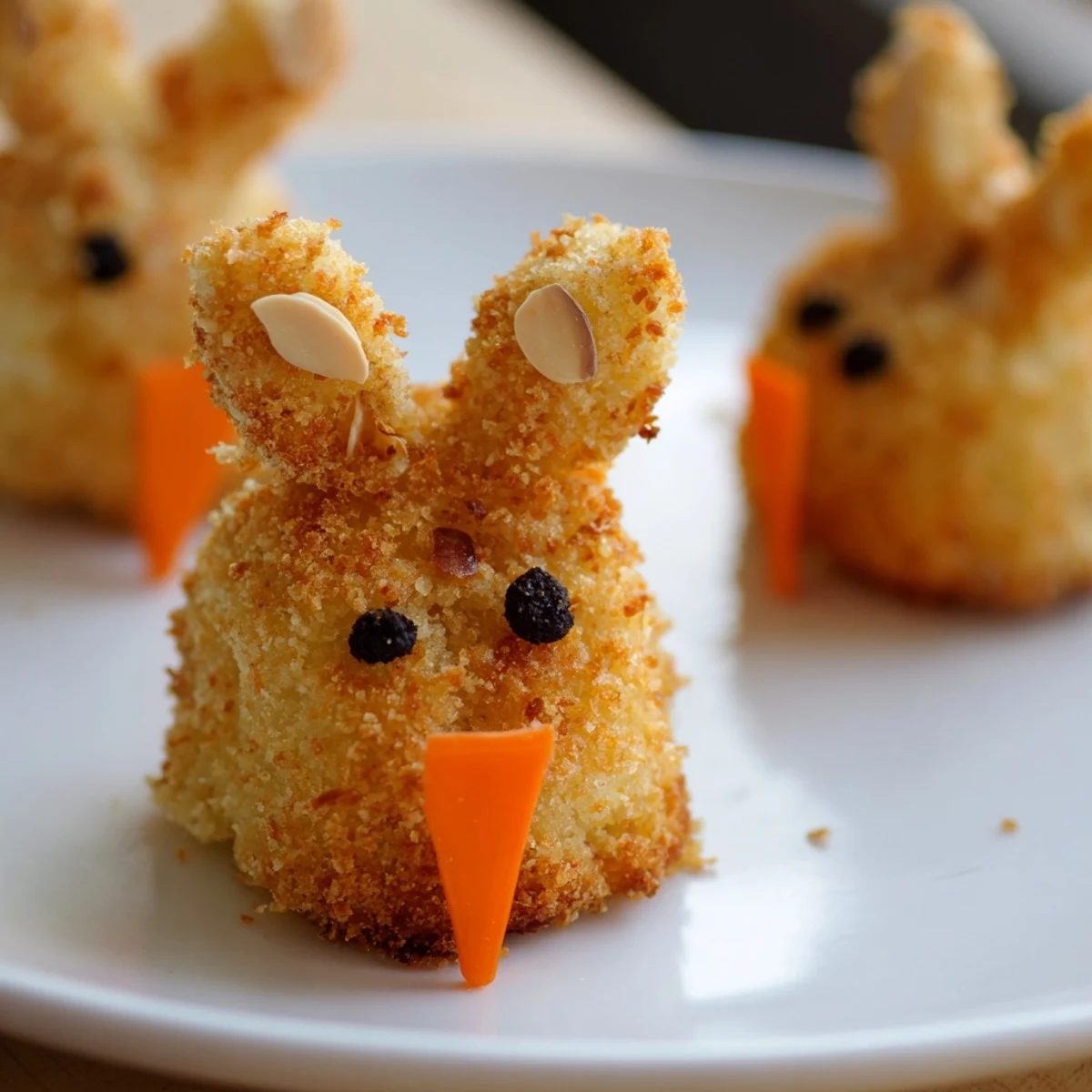 Golden Easter bunny potato croquettes with almond ears and peppercorn eyes arranged on white plate