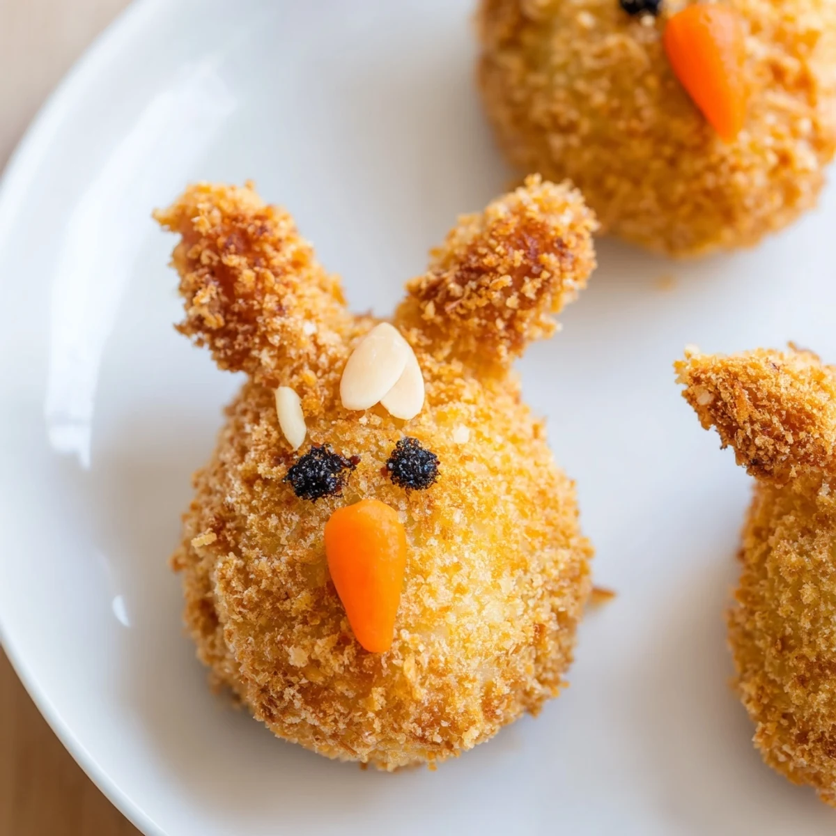 Adorable bunny-shaped potato croquettes with carrot noses and almond ears on festive Easter platter