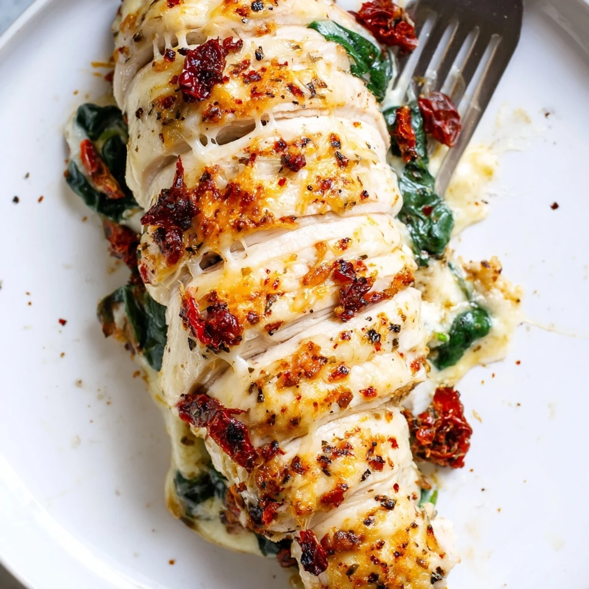 Golden Hasselback Chicken stuffed with spinach, mozzarella, and sundried tomatoes on a white plate