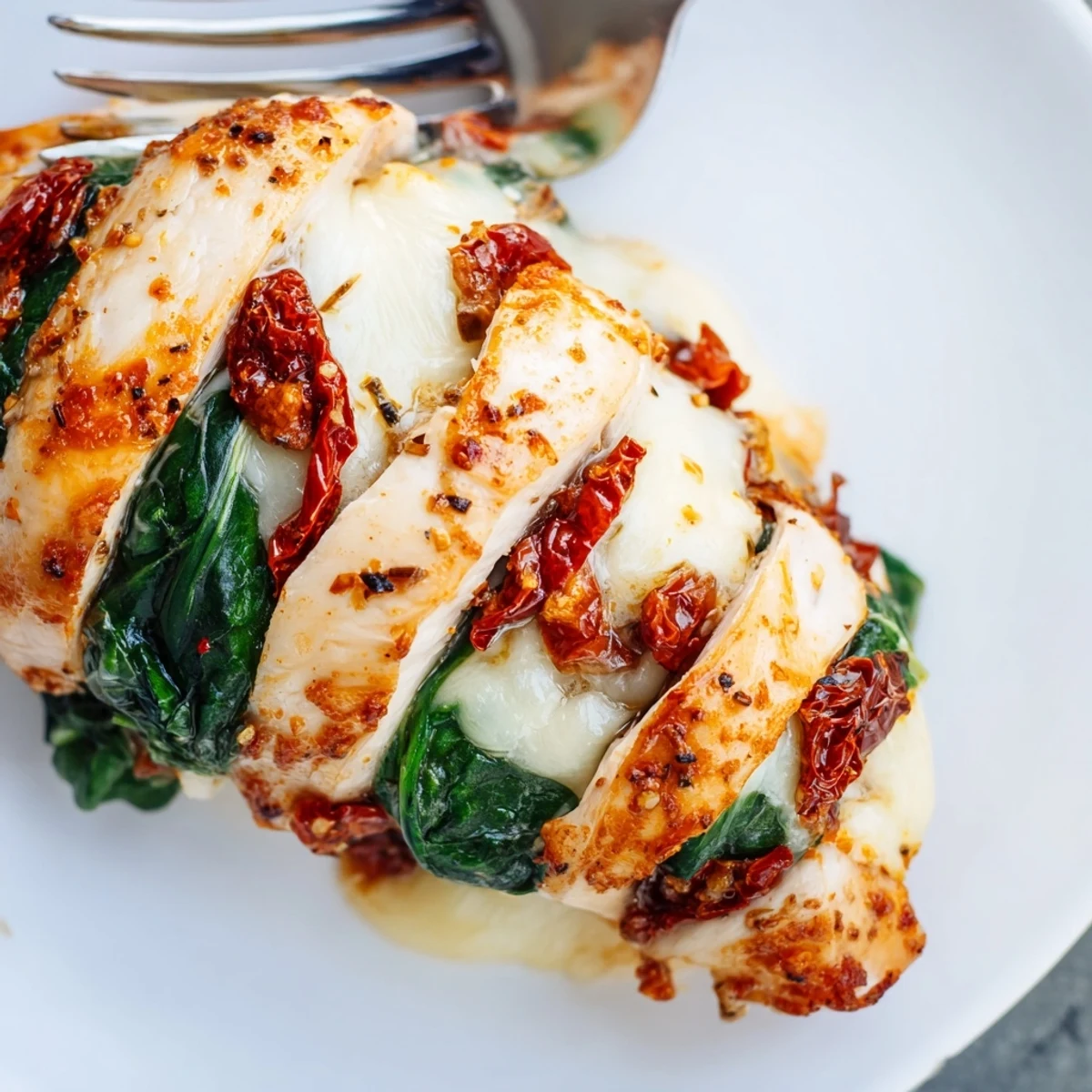 Hasselback Chicken with tomato and spinach stuffing served fresh from the oven
