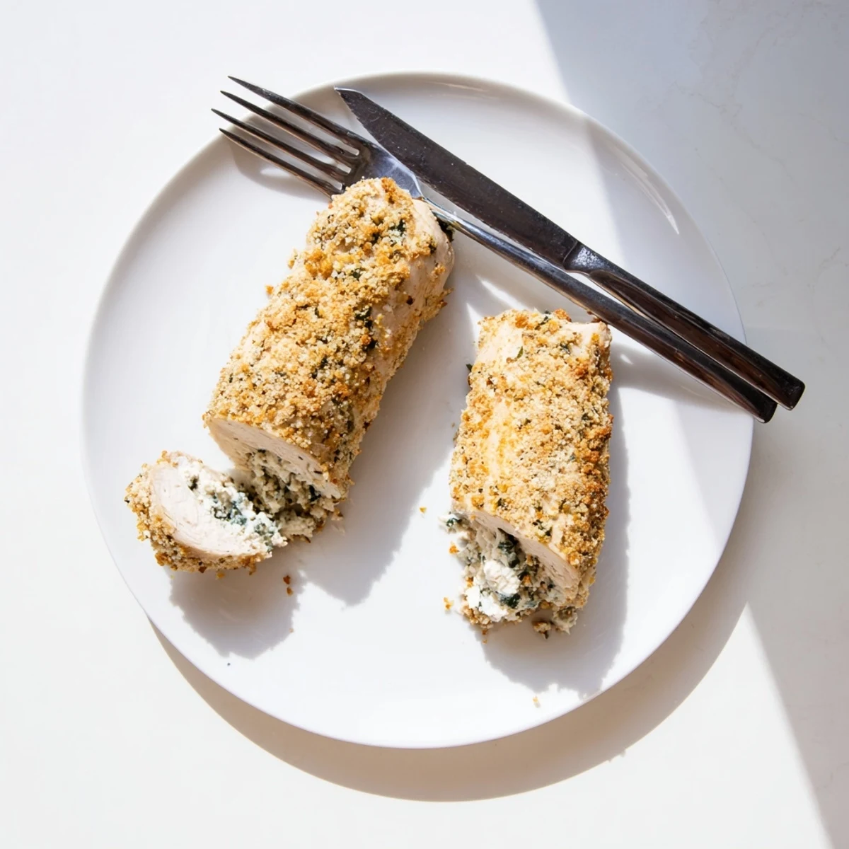 Golden brown Herbed Ricotta Stuffed Chicken Rolls fresh from the oven with crispy breadcrumb topping