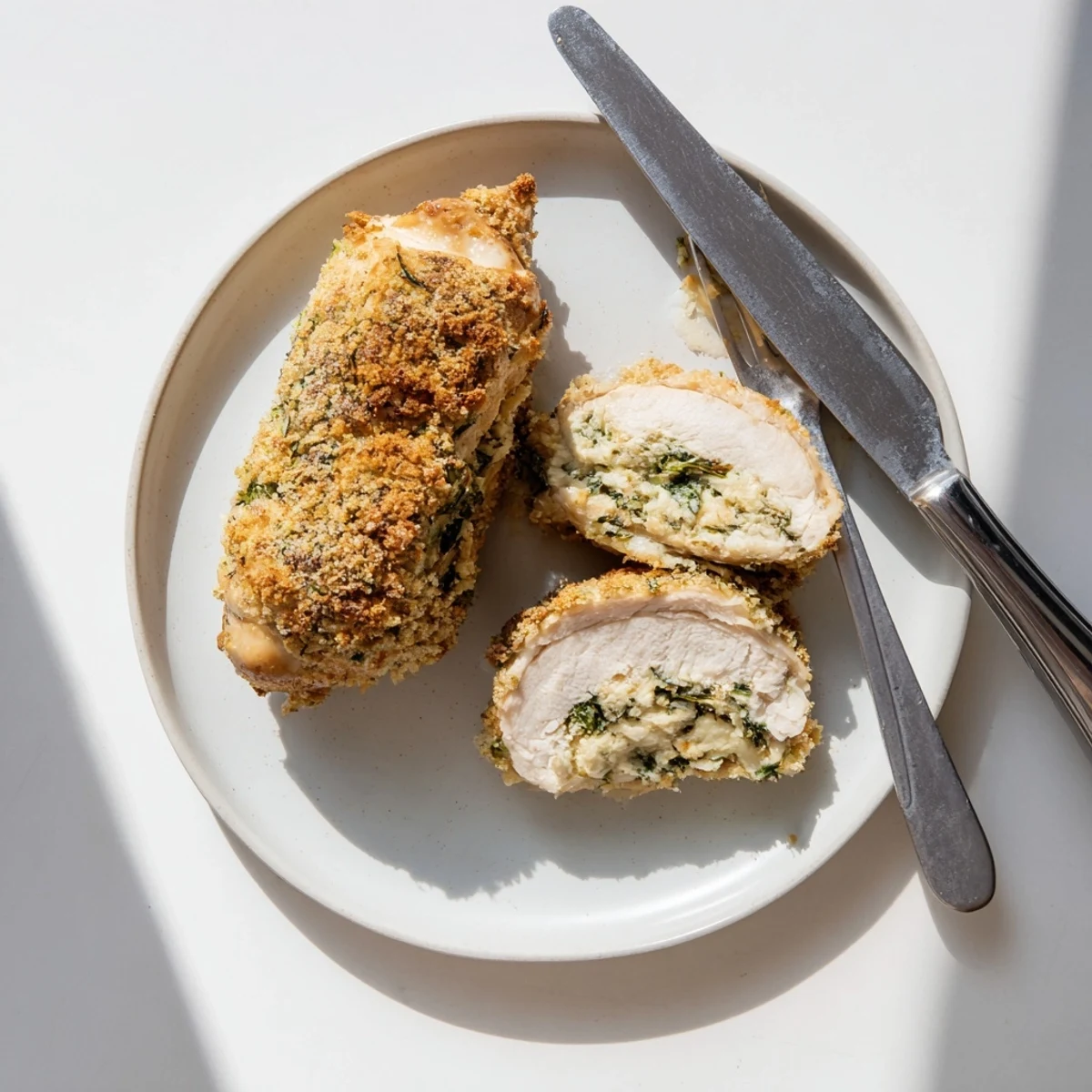 Baked Herbed Ricotta Stuffed Chicken Rolls plated elegantly with a side of roasted vegetables