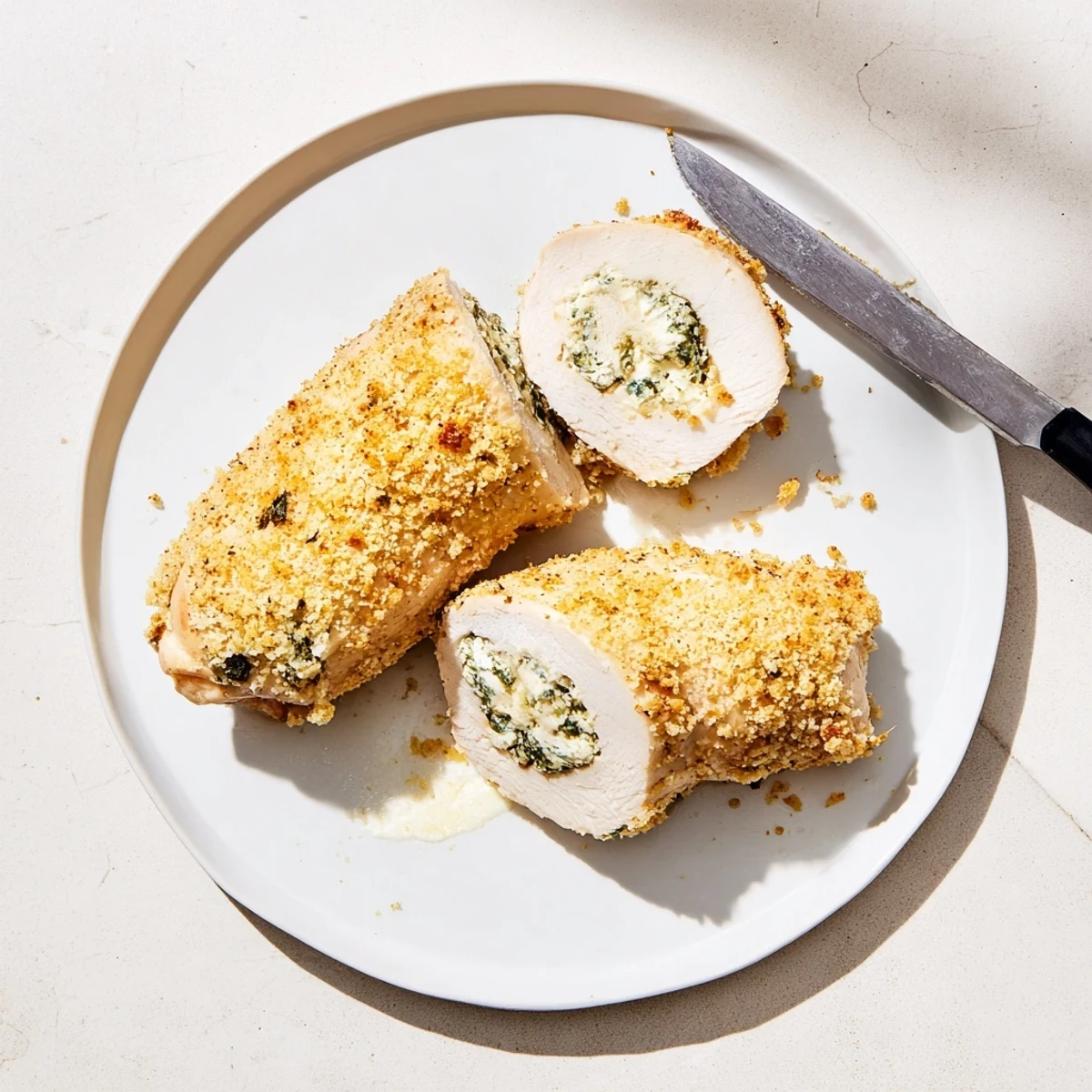 Tender rolled chicken breasts filled with creamy ricotta, fresh basil, parsley, and melted Parmesan
