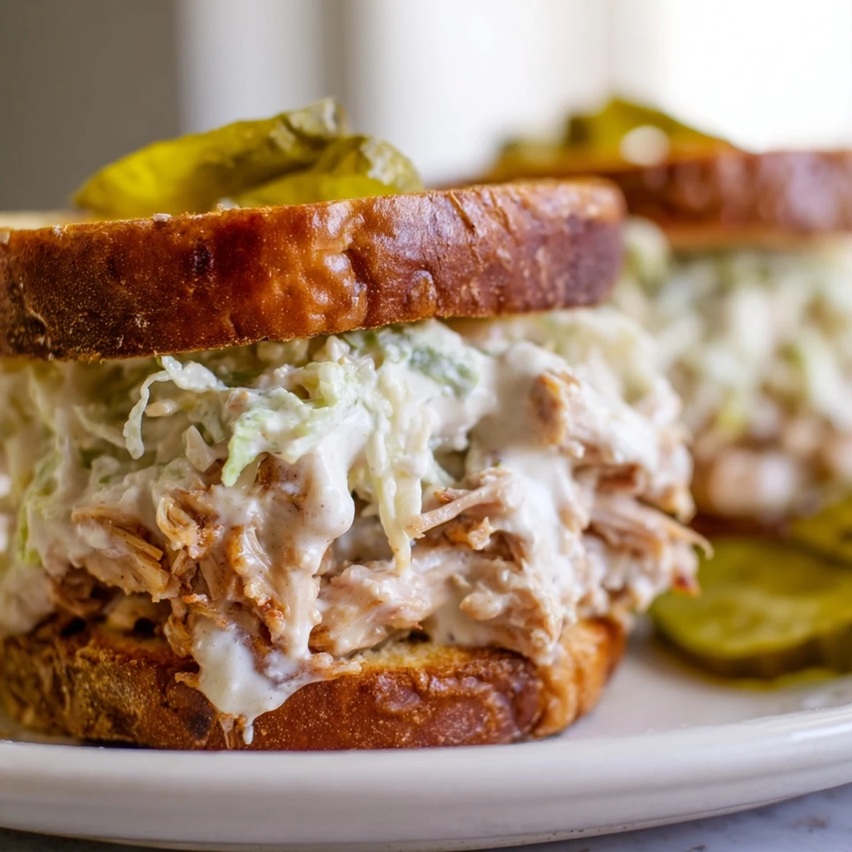 Golden brown Alabama BBQ chicken chopped sandwich piled high with tangy white sauce and crisp coleslaw on a toasted bun