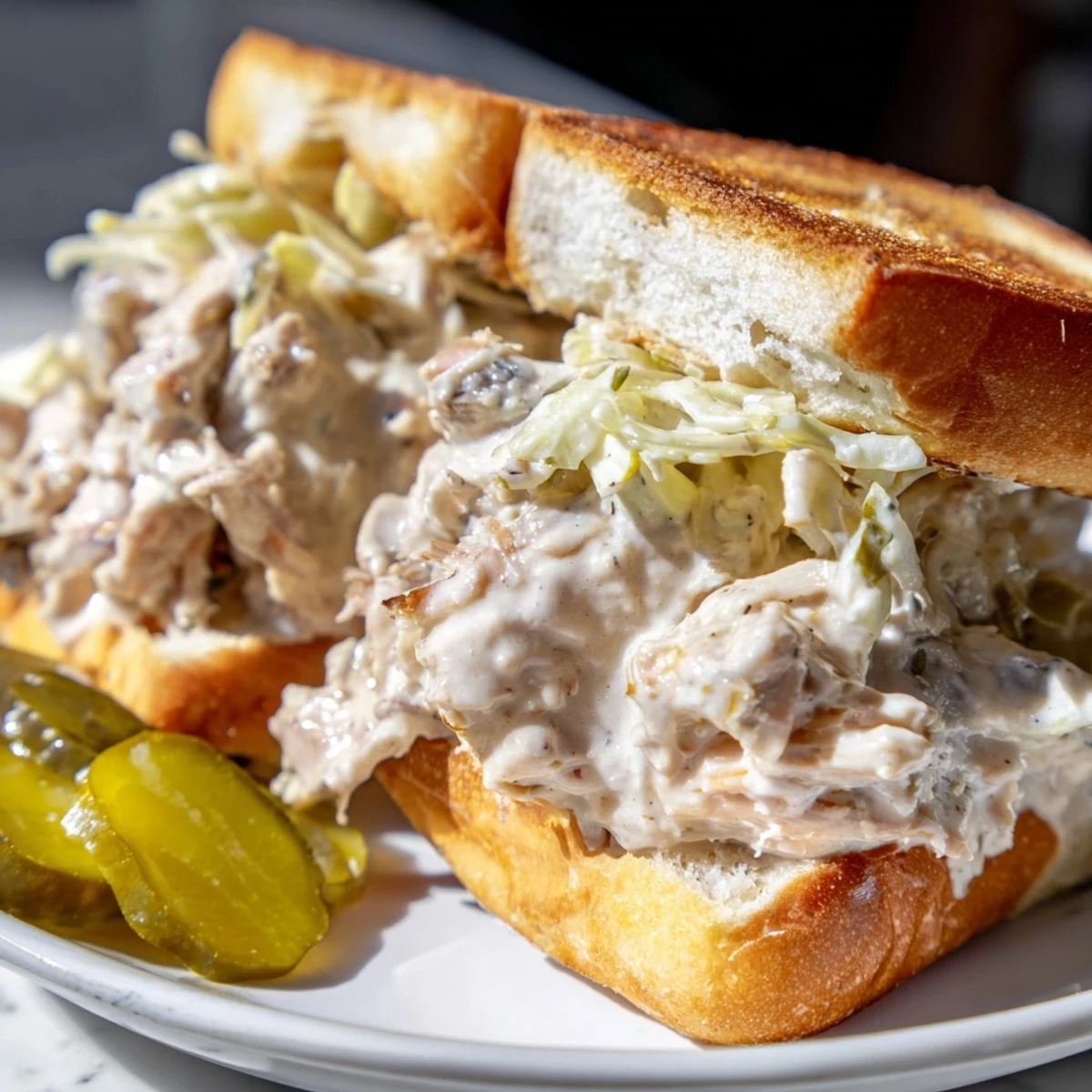 Tender smoked chicken pieces tossed in creamy Alabama white BBQ sauce, topped with fresh crunchy slaw on a warm sandwich bun