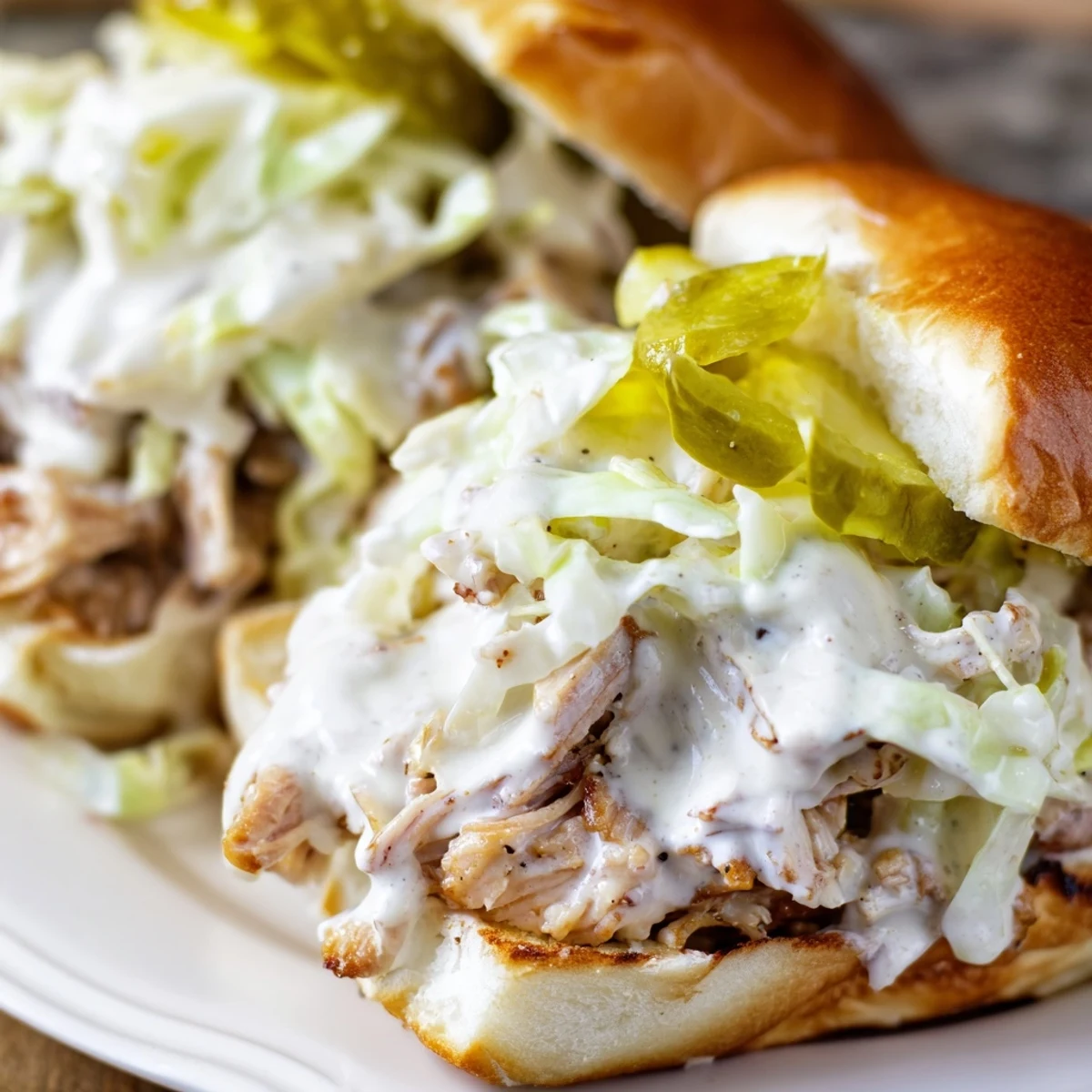 Hearty Alabama BBQ chicken chopped sandwich overflowing with juicy meat, zesty white barbecue sauce, and colorful cabbage slaw