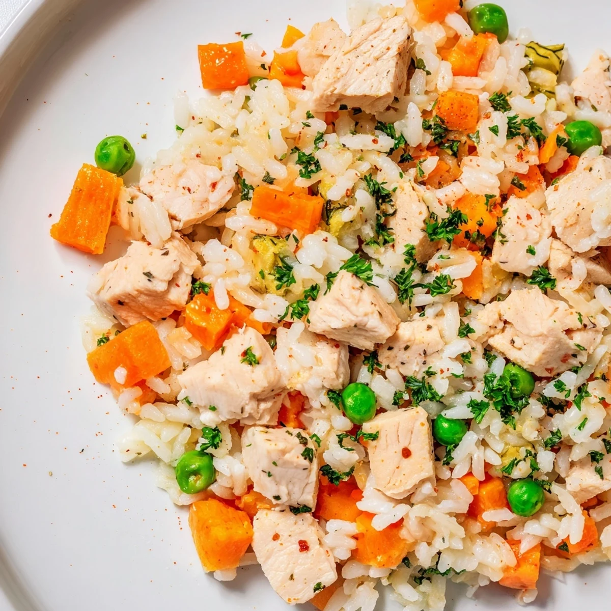 Comforting one-pot meal featuring juicy chicken thighs, carrots, and peas mixed with perfectly steamed rice
