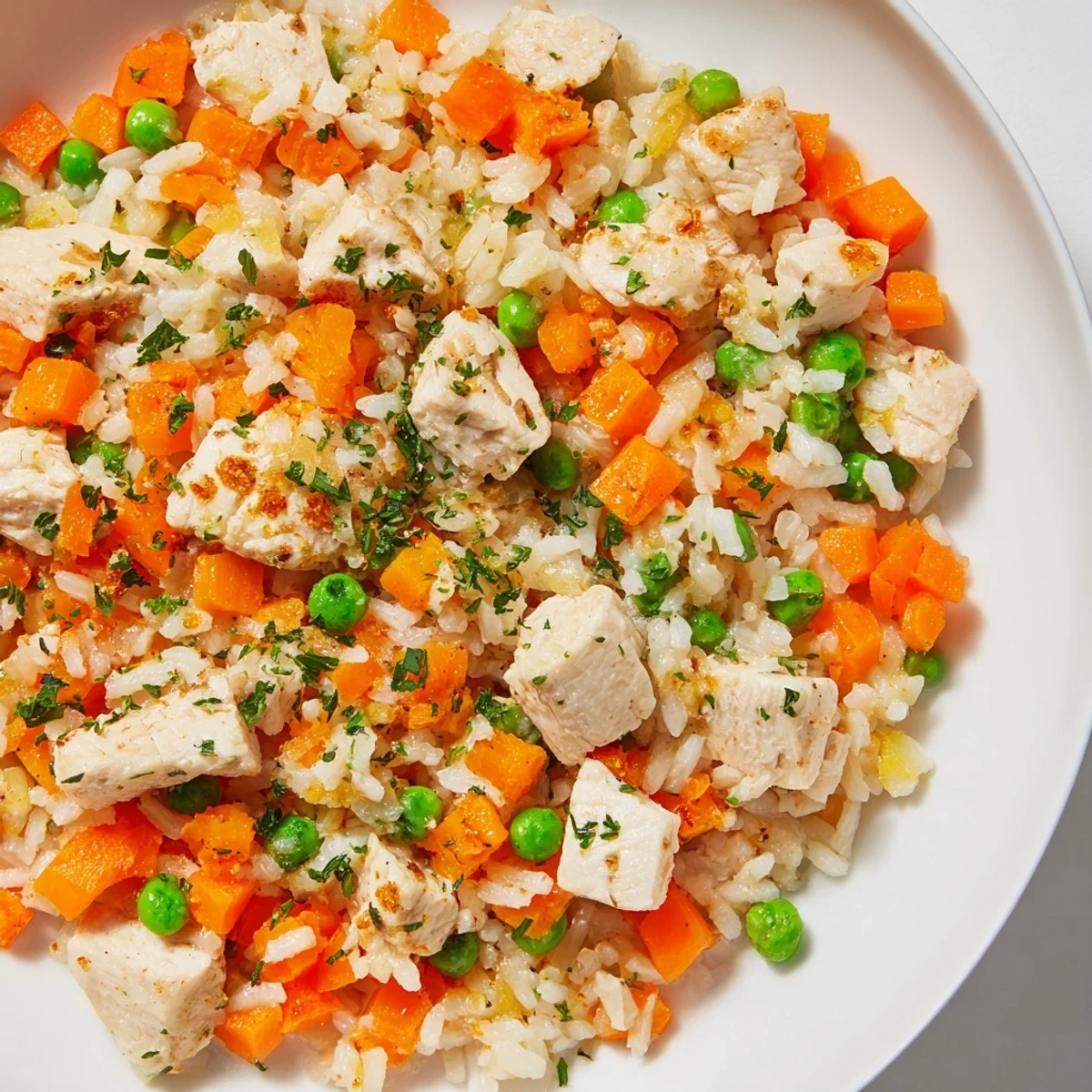 Golden Instant Pot chicken and rice with tender chunks, colorful vegetables, and fluffy white grains in a bowl